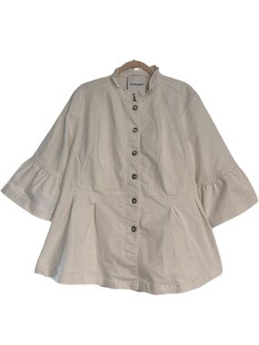 Studio Park Denim Jacket Ruffled Mandarin Collar with Pleated Peplum 1X